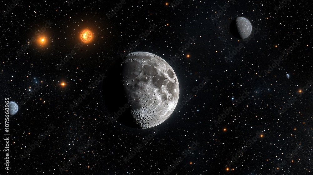 Fototapeta premium An artist's depiction of the solar system planets, with the moon prominent in the foreground and Earth positioned behind