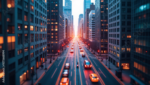 Urban Cityscape at Dusk with Skyscrapers and Traffic photo