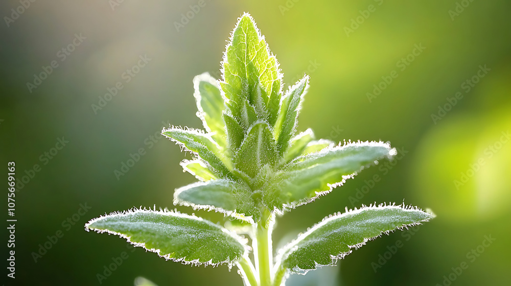 detailed macro shot of organic plant stem showcasing vibrant green leaves and delicate hairs, illuminated by soft sunlight, creating serene atmosphere detailed macro shot of organic plant stem showcasing vibrant green leaves and delicate hairs, illuminated by soft sunlight, creating serene atmosphere