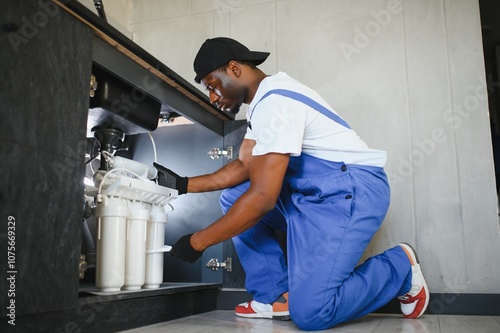 African american plumber change the water filter.