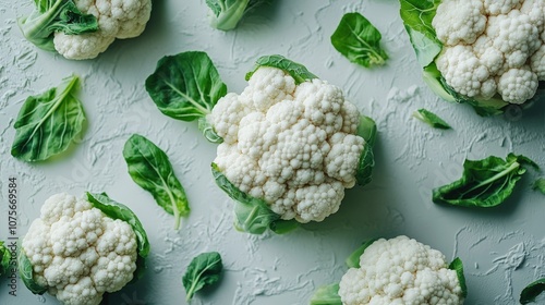 Close-up shot of fresh caulifower with green leaves on a white background. photo