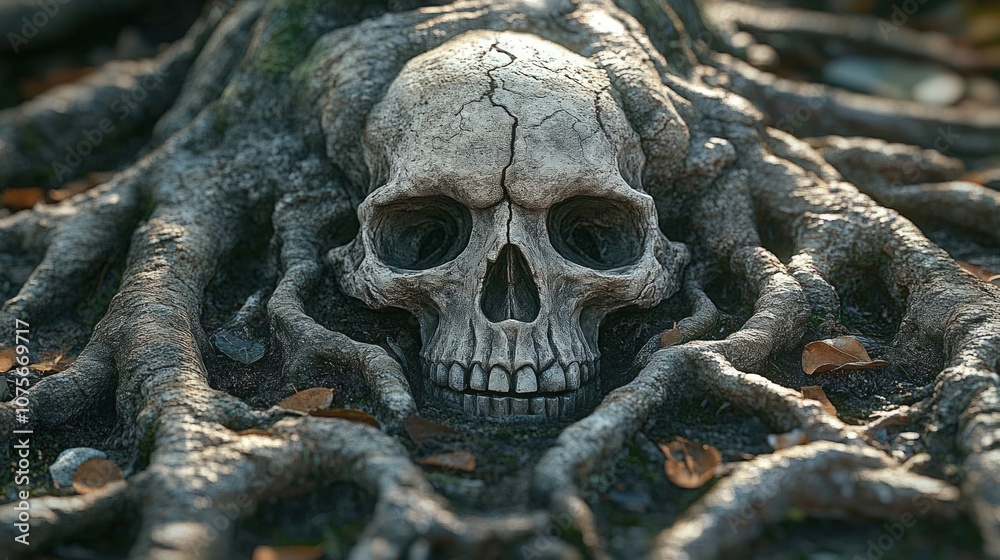 Human skull embedded in tree roots, surrounded by leaves. Human skull embedded in tree roots, surrounded by leaves.