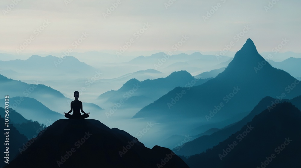 A person meditating on top of a mountain peak, surrounded by majestic distant mountains A person meditating on top of a mountain peak, surrounded by majestic distant mountains