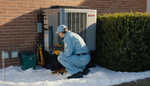 worker with a shovel in the snow HVAC Worker Performing Heat Pump Maintenance. background, illustration for product presentation template, copy space.  photo