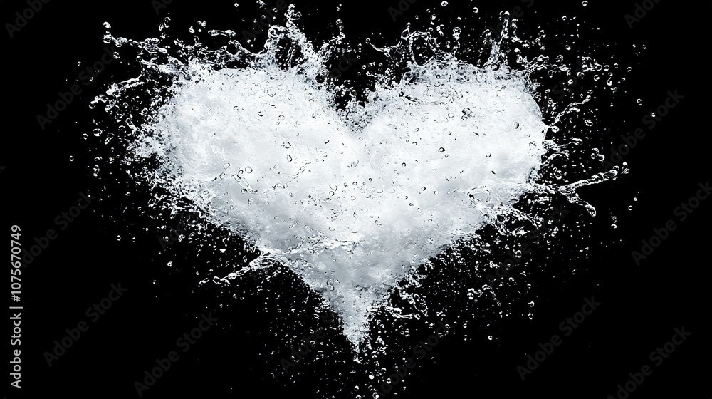 Obraz premium A white heart symbol with water droplets splashing from its center on a black background