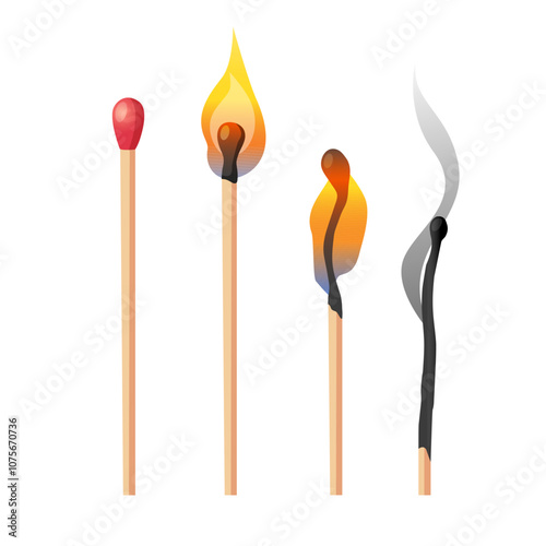 Stages step by step of whole and burnt wooden matchstick with different flame isolated on white background.
