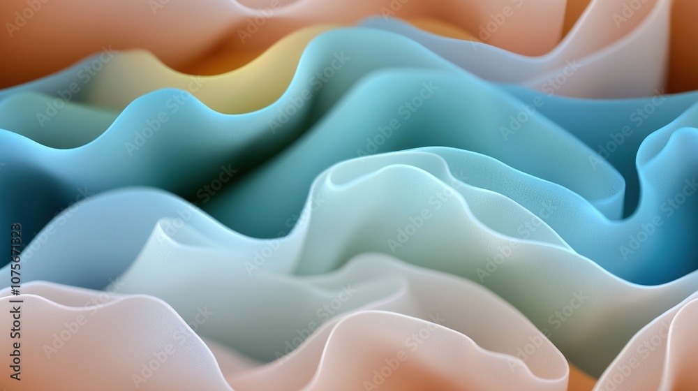 Fototapeta premium A computer-generated image features a wavy pattern made from blue, beige, and white materials, with a central yellow dot