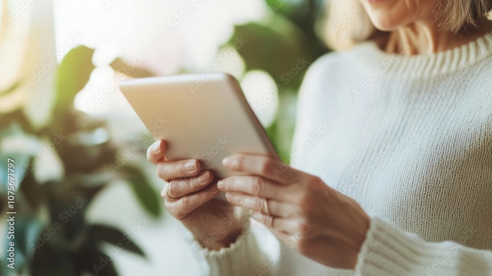 Senior woman browsing social media on tablet bright room minimal background copy space Senior woman browsing social media on tablet bright room minimal background copy space