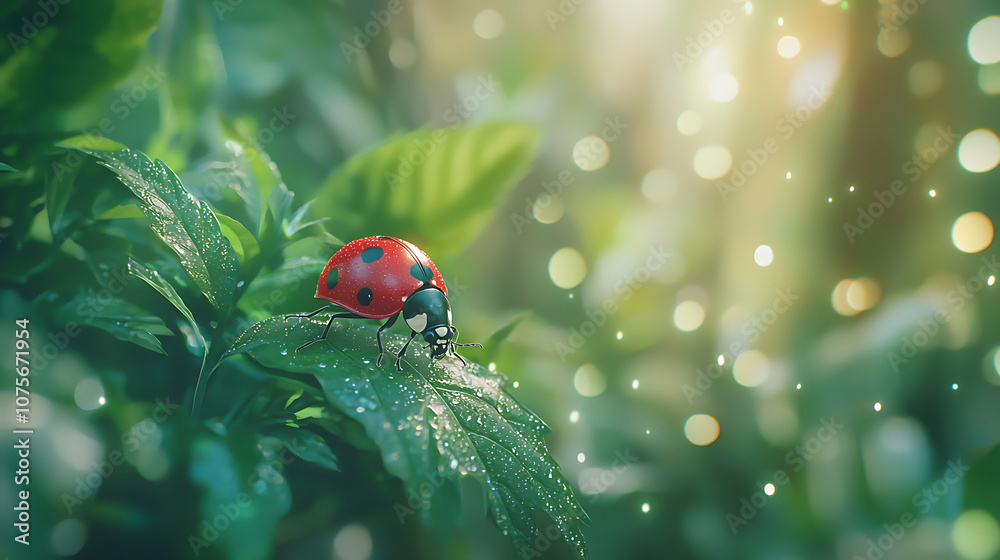 Obraz premium detailed close up of ladybug crawling on green leaf, surrounded by soft bokeh lights and dew drops, creating serene and enchanting atmosphere