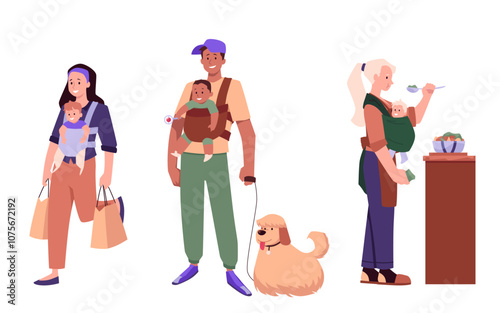 Parents with baby carriers vector illustration set