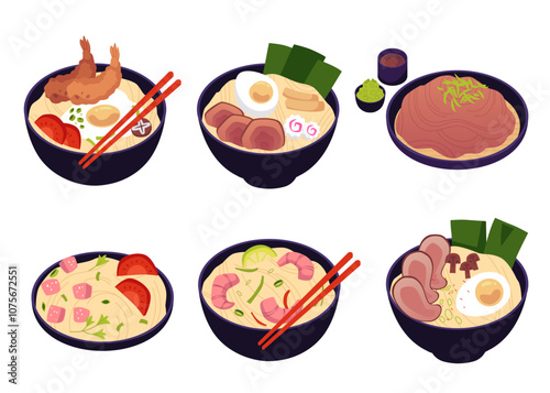 A delightful vector set of ramen bowls with noodles, champignons, seaweed and shrimp