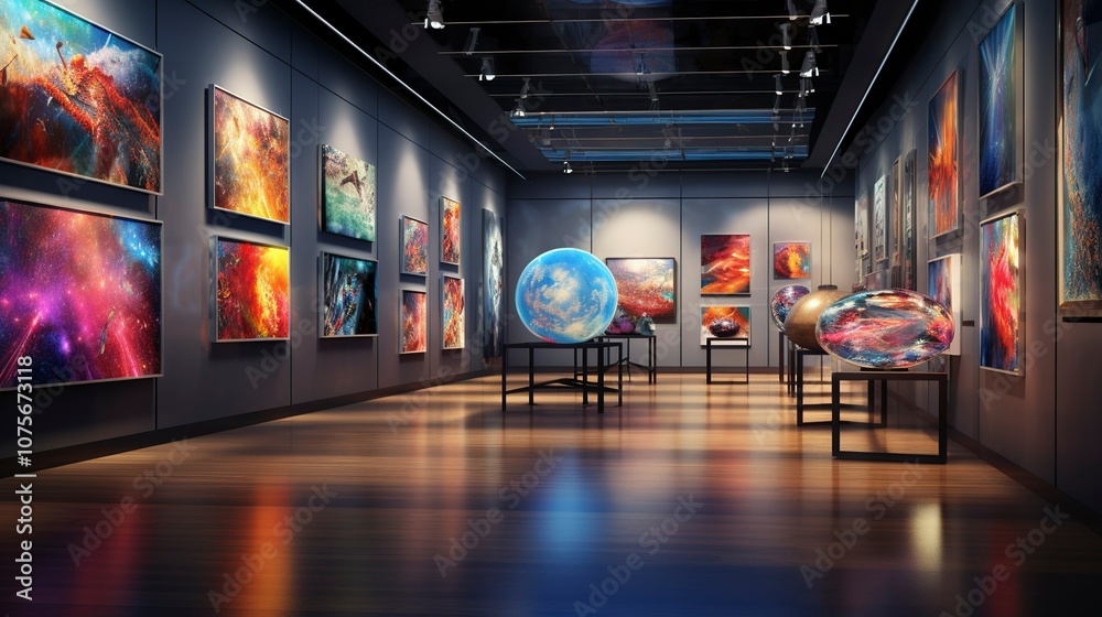 Visitors in a futuristic gallery with immersive cosmic art exhibits,