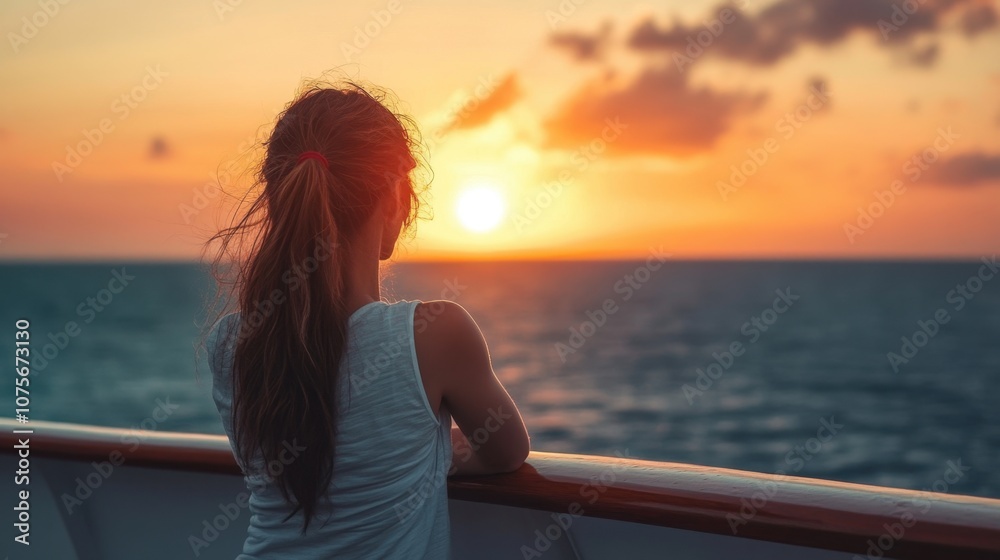 Woman enjoying sunset on cruise natural light clean background Woman enjoying sunset on cruise natural light clean background