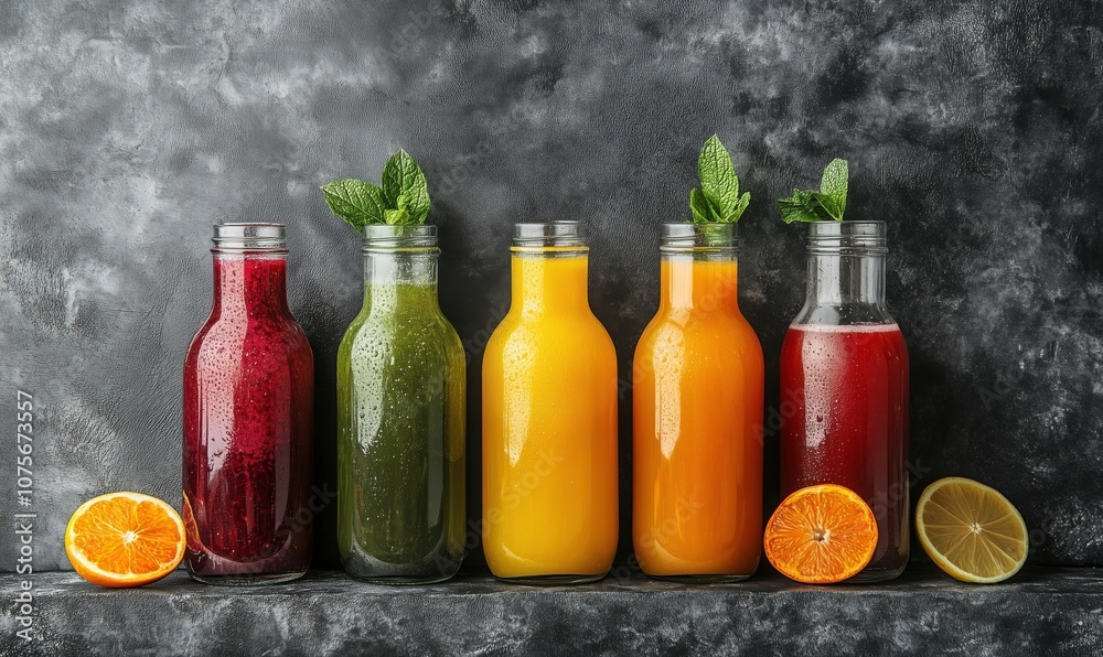 Colorful juice bottles with fresh fruits and mint leaves Colorful juice bottles with fresh fruits and mint leaves