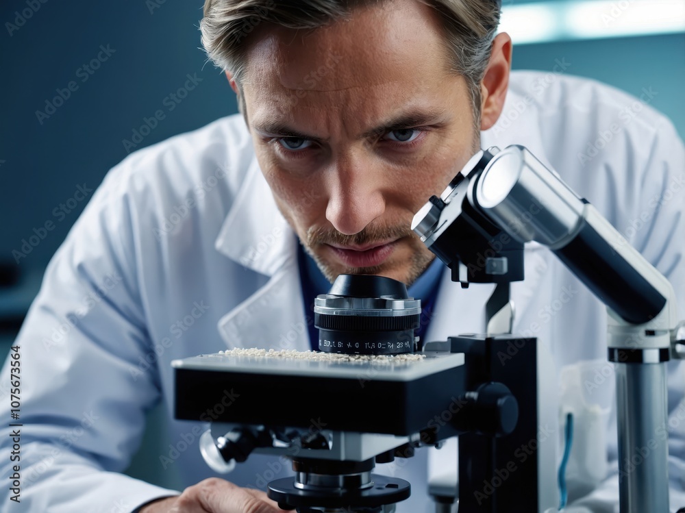 Closeup of a medical researcher placing a sample into a microscope for analysis in a lab Closeup of a medical researcher placing a sample into a microscope for analysis in a lab