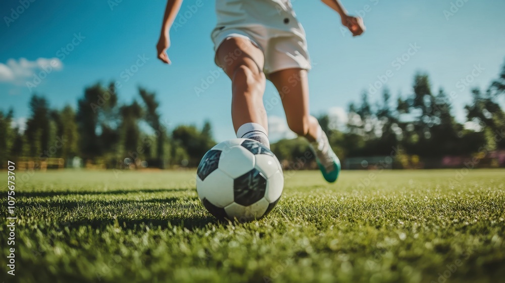 Woman playing soccer on field bright day clean background minimal details Woman playing soccer on field bright day clean background minimal details
