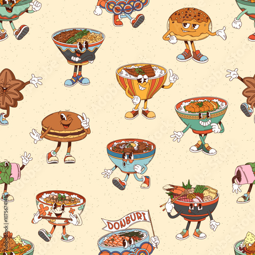 Groovy Japanese and asian cuisine characters, donburi and desserts seamless pattern. Vector tile background featuring playful, cartoon donburi bowls and desserts oriental culture food personages