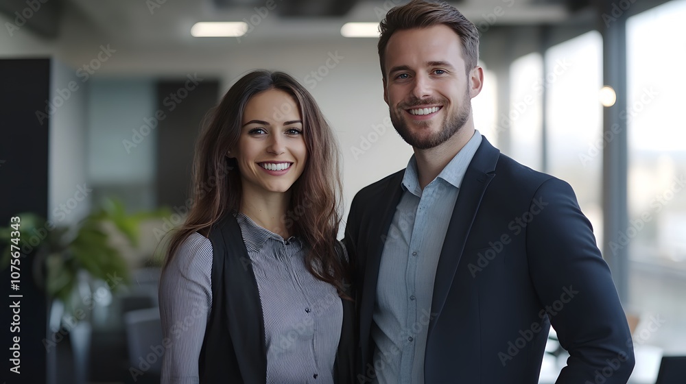 Male and female business couple posing smiling Male and female business couple posing smiling