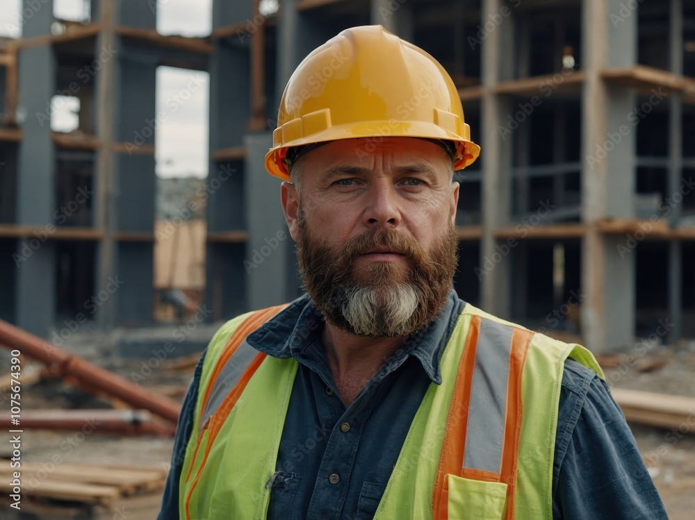 Detailed portrait of a builder with a beard and hard hat on the job Detailed portrait of a builder with a beard and hard hat on the job