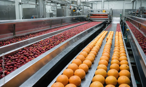 Oranges and other fruits are moving along a conveyor belt in a factory photo