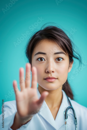 Female doctor holding her hand up in a gesture for change, representing the call for equal pay between men and women in healthcare. Her determined expression reflects commitment to equality. Blue back photo