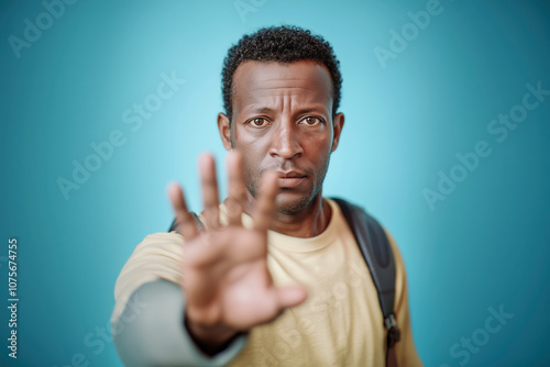 Middle-aged Black man raises his hand, symbolizing a stand against the violation of migrant rights. His expression is serious, highlighting his determination for justice and equality. Blue background, photo