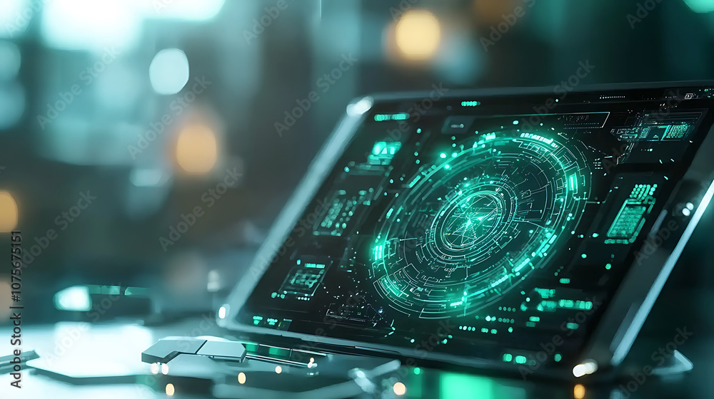 Fototapeta premium futuristic control system displayed on tablet, showcasing advanced technology and digital interfaces. glowing green graphics create high tech atmosphere