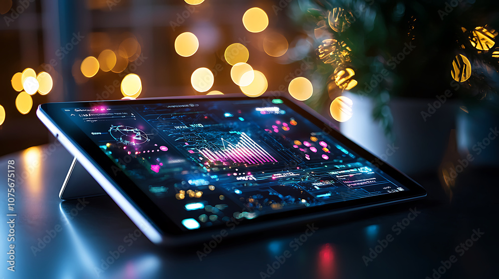 futuristic tablet displaying data analytics and graphs in modern setting, illuminated by soft bokeh lights. vibrant colors enhance tech atmosphere futuristic tablet displaying data analytics and graphs in modern setting, illuminated by soft bokeh lights. vibrant colors enhance tech atmosphere