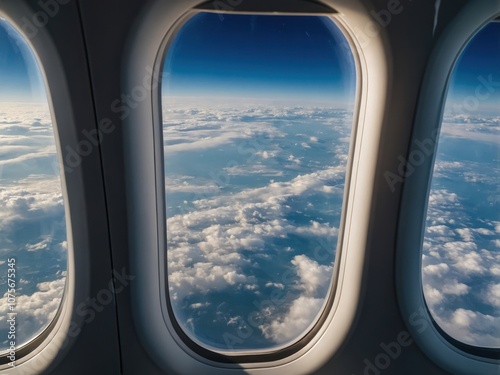 Detailed view of an airplane window with clouds visible outside