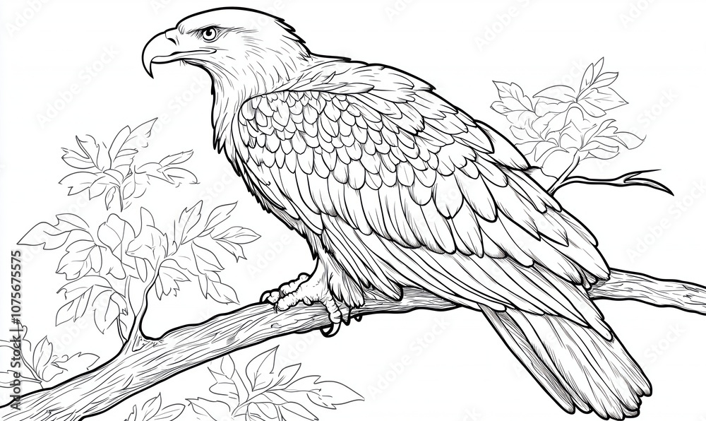 Fototapeta premium Eagle perched on branch, detailed line art illustration, nature scene