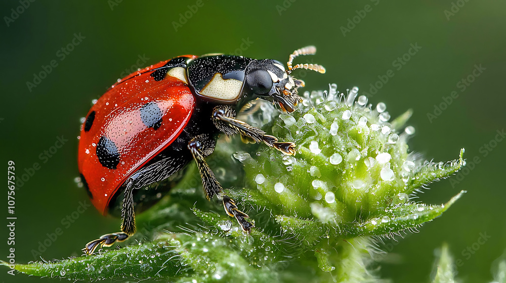 Ladybug Shell Zoom In macro image of ladybug crawling on wild plant, showcasing its vibrant ...