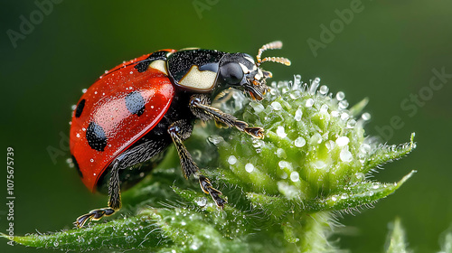 macro image of ladybug crawling on wild plant, showcasing its vibrant red shell and distinctive black spots. intricate details highlight beauty of nature
