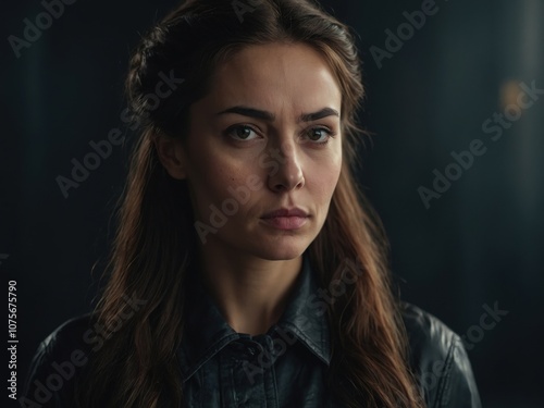 Portrait of a woman with raised eyebrows and a surprised expression