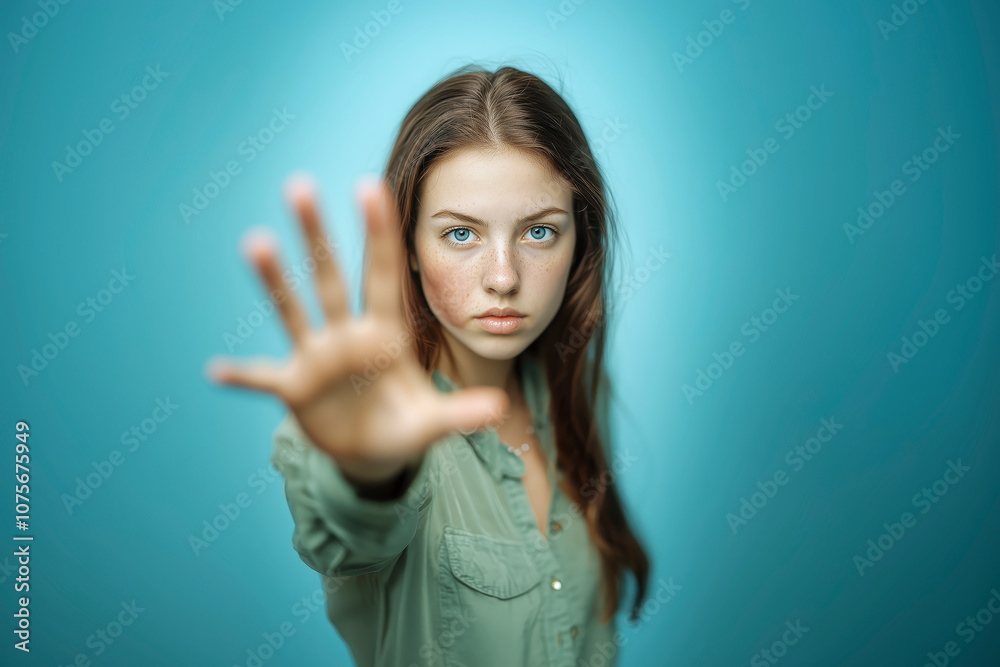 Fototapeta premium Young woman extends her hand forward, representing a stance against abuse and advocating for protective rights and laws. Her gaze is intense, conveying resilience and a call for justice. Blue backgrou