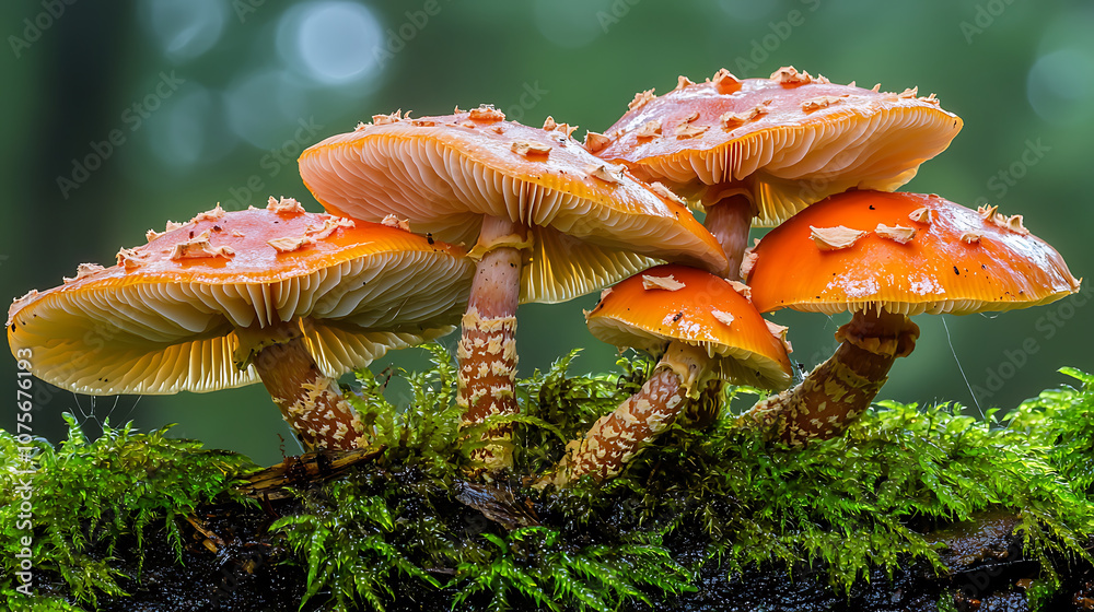 macro shot of vibrant organic mushrooms growing in lush forest, showcasing their unique textures and colors. scene evokes sense of tranquility and connection to nature macro shot of vibrant organic mushrooms growing in lush forest, showcasing their unique textures and colors. scene evokes sense of tranquility and connection to nature