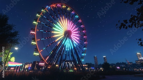 Ferris wheel, illuminated against the night sky. 