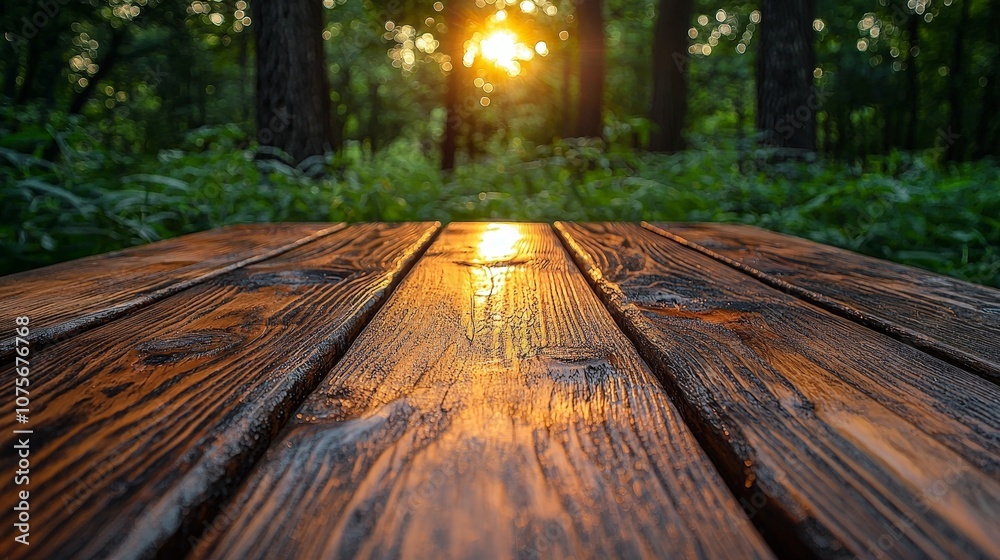 A wooden surface reflecting sunlight in a serene forest setting. A wooden surface reflecting sunlight in a serene forest setting.