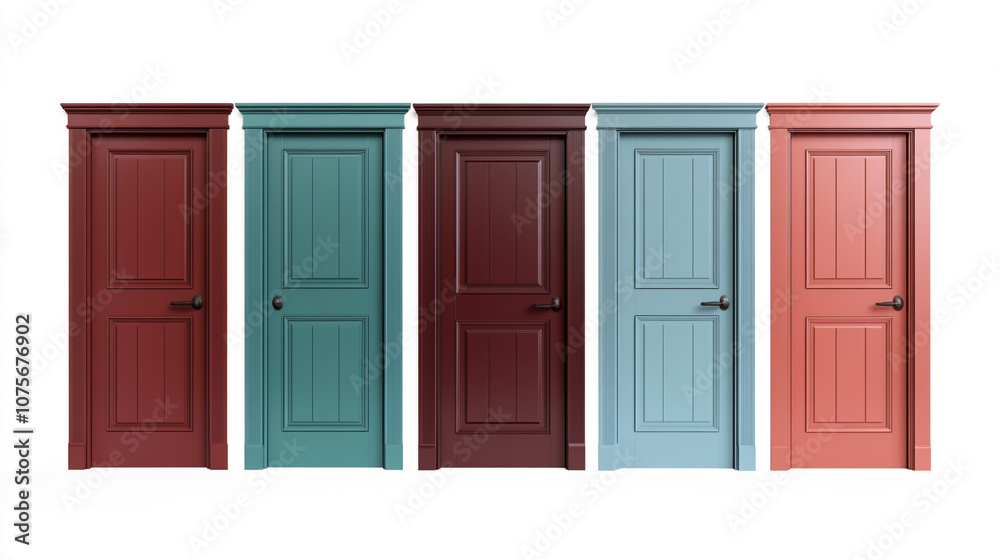 Naklejka premium Five Colorful Interior Doors with Trim Isolated on White Background