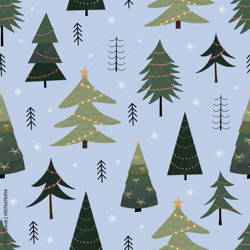 Obraz premium Christmas seamless pattern, with a tree, a pine tree, a festive atmosphere, a magic Christmas tree. 