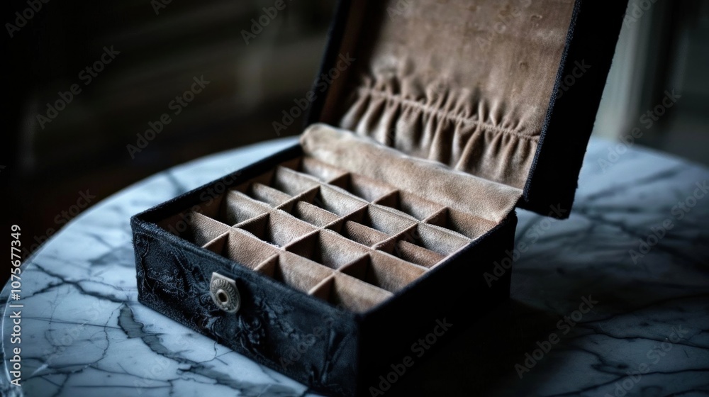 An open jewelry box sits on a bedside table, revealing its empty velvet interior, suggesting absence and reminiscence