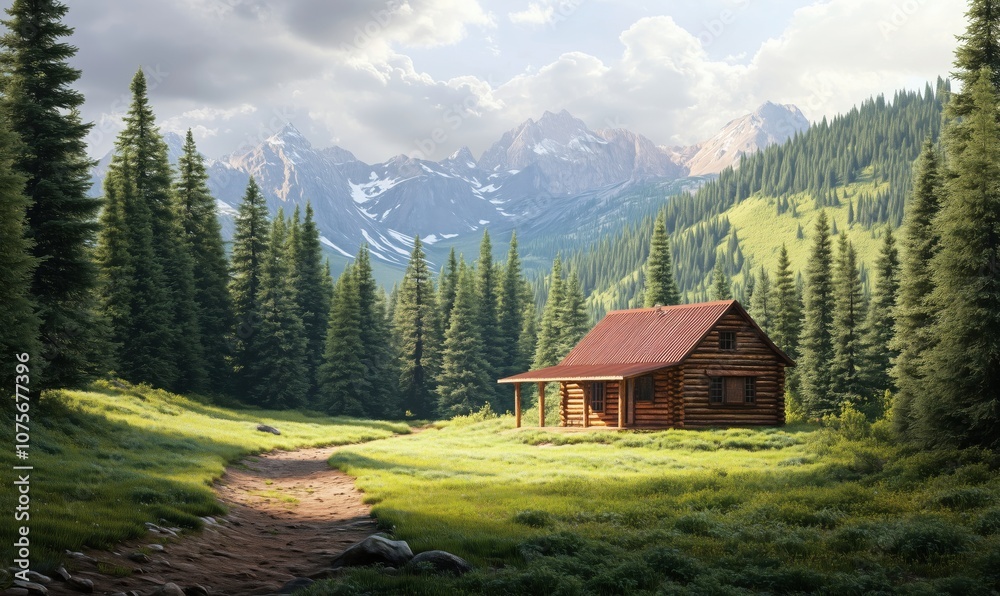 Scenic mountain cabin surrounded by lush forest and meadows Scenic mountain cabin surrounded by lush forest and meadows