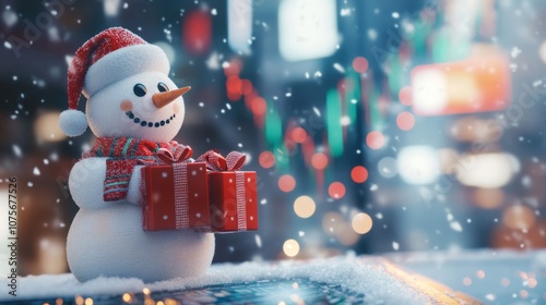 A snowman is holding red festive gift box in one corner in the snowflacks.  photo