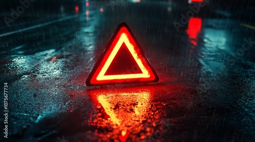 On this stormy night, a bright red emergency triangle stands out against the wet asphalt, providing a critical warning to passing vehicles and enhancing safety for everyone nearby