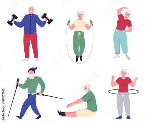 Seniors training with hoop, dumbbell, jump rope vector set, active elderly people doing gymnastics, Nordic walking poles