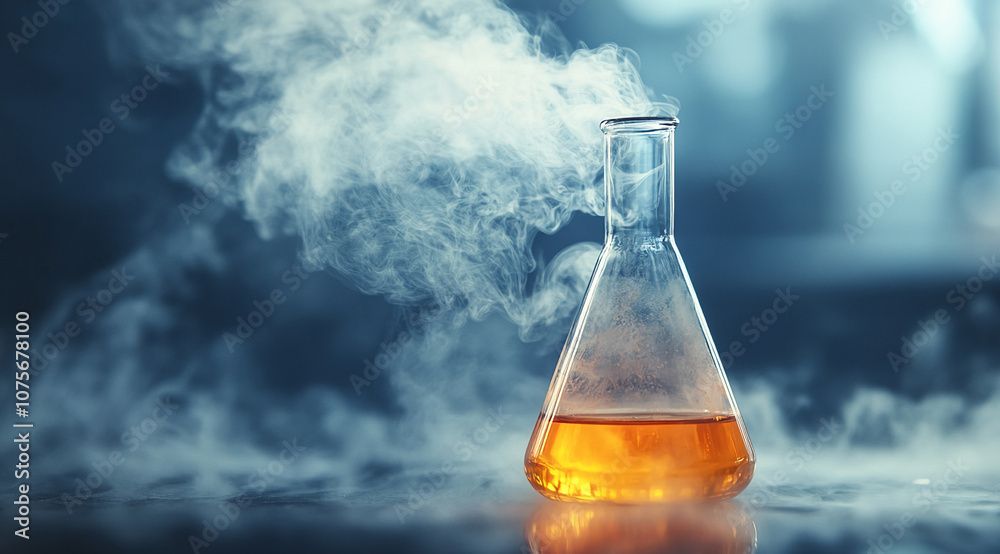 A glass flask filled with a yellow liquid is releasing white smoke, indicating a chemical reaction in a laboratory setting A glass flask filled with a yellow liquid is releasing white smoke, indicating a chemical reaction in a laboratory setting