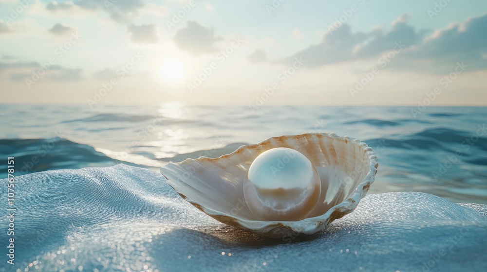 Close-up of a stunning large pearl in a seashell on a fabric surface, with the calm sea and sky creating a peaceful backdrop Close-up of a stunning large pearl in a seashell on a fabric surface, with the calm sea and sky creating a peaceful backdrop