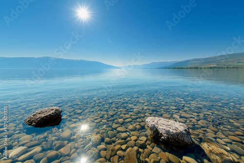 There is a seascape with blue skies and waters, as well as a distant land that is hidden in mist on the horizon. photo