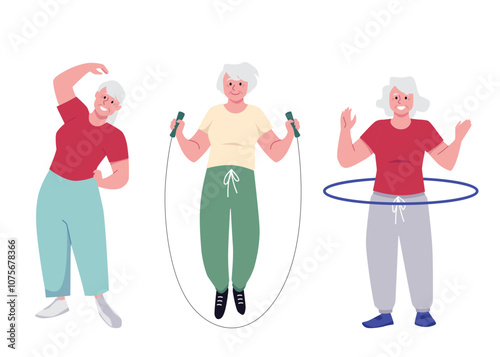 Senior women training with hoop, jump rope vector set, active retired character doing gymnastics exercises healthy sport