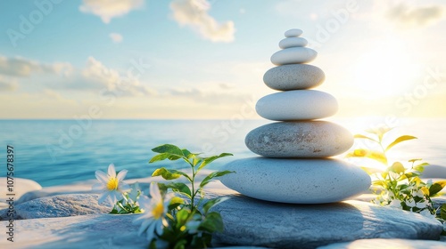 Blue sky and peaceful landscape background are backed by Zen stones stacked from large to small in water. photo