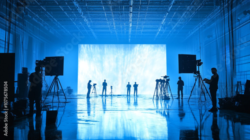 Film Crew Filming in Blue Screen Studio with Backdrop Lighting